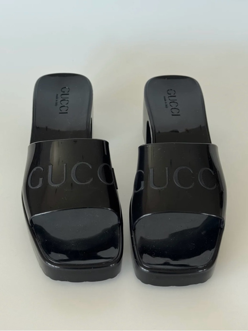Gucci Black Patent Logo Slide Mules